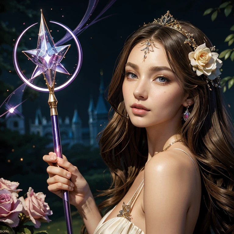 (​masterpiece, best quality:1.5), highest quality, High resolution, super detailed, Realists, Upper body photo of a brunette sorceress, detailed and beautiful eyes, beautiful detailed lips, very detailed eyes and face, longeyelashes, shiny satin dress, Holding a wand in your hand and performing a transformation spell, Magic wands present and shiny, Beautiful and colorful makeup, elegant and noble々The jewelry bag, Gardens as background, soft daylight, bright colors, fine brushstrokes, Portrait style, Silk dress fabric, beautiful color palette, glowing skin, First-class rendering, that captures every detail, enchanting atmosphere, subtle shadows and lights, (perfect anatomy:1.2), (The stunning sorceress holds a bouquet of flowers (a transformation with the magic wand:1.4), (magnificent panorama view:1.2)