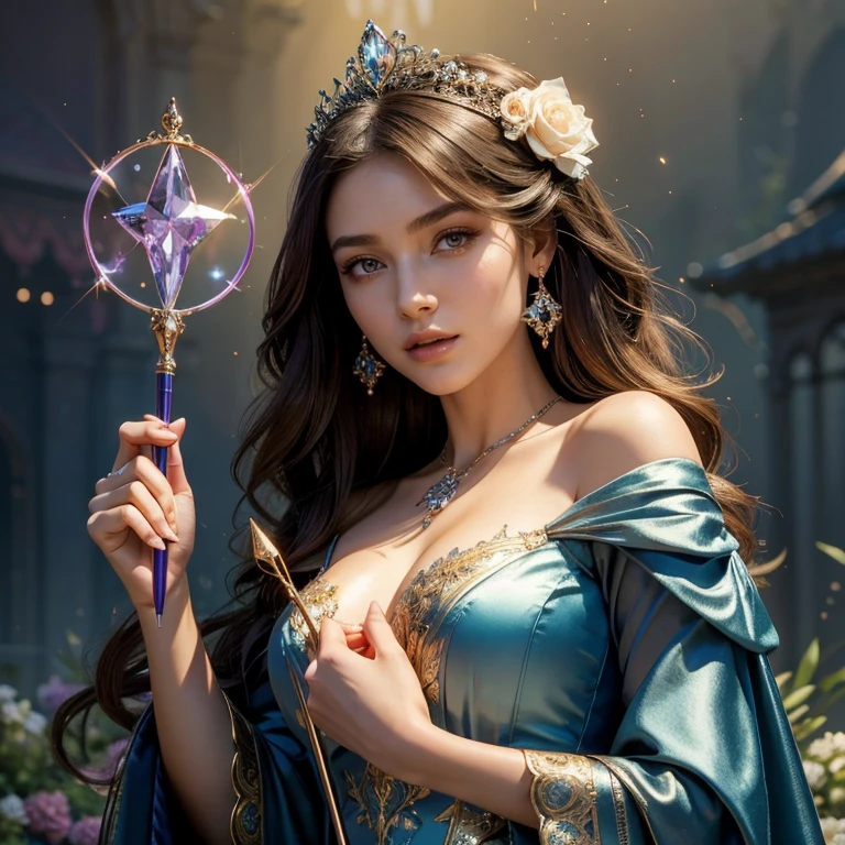 (masterpiece, best quality:1.5), highest quality, High resolution, super detailed, Realists, Upper body photo of a brunette sorceress, detailed and beautiful eyes, beautiful detailed lips, very detailed eyes and face, longeyelashes, shiny satin dress, Holding a wand in your hand and performing a transformation spell, Magic wands present and shiny, Beautiful and colorful makeup, elegant and noble々The jewelry bag, Gardens as background, soft daylight, bright colors, fine brushstrokes, Portrait style, Silk dress fabric, beautiful color palette, glowing skin, First-class rendering, that captures every detail, enchanting atmosphere, subtle shadows and lights, (perfect anatomy:1.2), (The stunning sorceress holds a bouquet of flowers (a transformation with the magic wand:1.4), (magnificent panorama view:1.2)