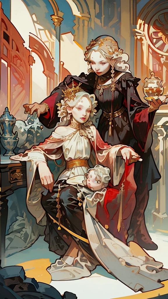 Portrait of one beautiful queen albino woman with detailed braided medieval hairstyle (white hair) , wearing detailed medieval gown (red and black colours), with gold accessories and gold crown, medieval queen, medieval woman,queen,game of thrones style,daenerys targaryen style, high quality, very detailed,hd quality, masterpiece,(purple eye colour)