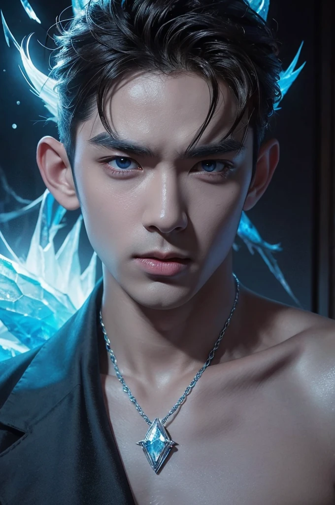 I want a man with white skin, with slanted eyes of Japanese descent covered in a demonic blue aura, I want him to have a hateful expression and dark, firm brown eyes, and a blue demonic aura with a trace of ice on his skin that surrounds his entire being, This man has two white horns that are embedded in blue flames and will have short brown hair and will wear a silver chain around his neck., pink lips with small traces of ice, will wear a gray and blue kimono with radiant white crystals, appear to be at least 24 years old. captured in an ultra-realistic full HD 4K portrait, detailed texture showing its menacing shape, Immersive atmosphere, high definition shadow play, digitalpainting, nevoa no environment. I want a different monster from each other and make the image darker, obscure, creating a dark and dimly lit horror atmosphere!
