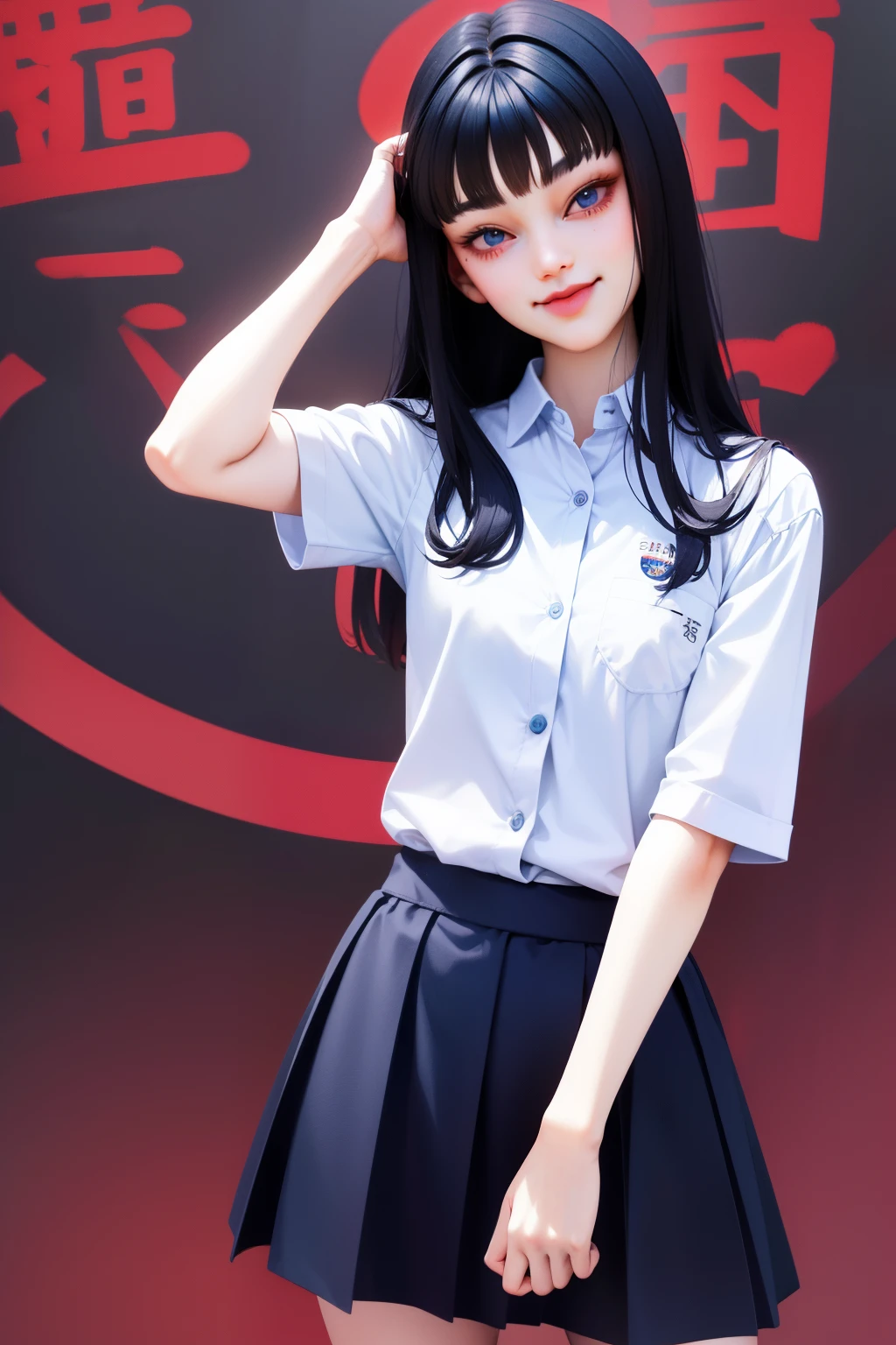 Anime style , junjie ito ,  tomie  girl  black hair frinje,  blue eyes  , evil smile face , Seifuku uniform ,  lifting her skirt showing pantie, meias longas.  Class school 