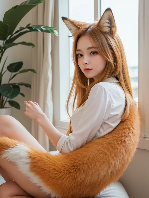 ((Highest quality, 32K)), ((masterpiece)), (Familiar), Perfect Face, Fox Girl, pretty girl, Company Office, Has a tail, She has a fox&#39;s tail, She stands up her fluffy tail, Beautiful hip line, Thick thighs, Fur collar, A large tail sticks out, On all fours, Shyly staring at his tail, She only has one tail