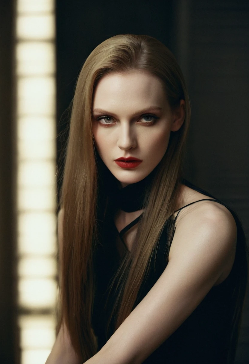 female vogue model 35yo with pale skin, beautiful evil slavic muscular woman, pale skin, long dark blond hair, sleek hair, strong make-up, pat mcgrath-style, wearing boris bidjan saberi, 1990s vogue-style, setting is an artsy, ad-magazine-style, style indoor environment dark and stunning, atmosphere is dim, dreamlike, dark ambiance.