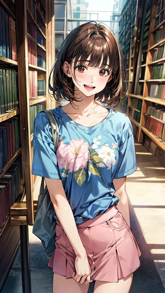 nsfw:1.5,(totally nude),(vaginal hair),((fellatio penis)),(masterpiece:1.2, top-quality, ultra high res, ultra detailed), (realistic, photorealistic:1.4), beautiful illustration, colorful, (natural side lighting, movie lighting), 
looking at viewer, 1 girl, japanese, junior high school girl, perfect face, (perfect anatomy), cute and symmetrical face, shiny skin, , 
(short hair:1.5, straight hair:1.2, red brown hair), blunt bangs, black eyes, small eyes, drooping eyes, slant eyes, long eye lasher, (), 
beautiful hair, beautiful face, beautiful detailed eyes, beautiful clavicle, beautiful body, beautiful chest, beautiful thigh, beautiful legs, 
(denim skirt ), 
(beautiful scenery), depth of field, evening, (library), standing, (happy smile, upper eyes, open mouth),