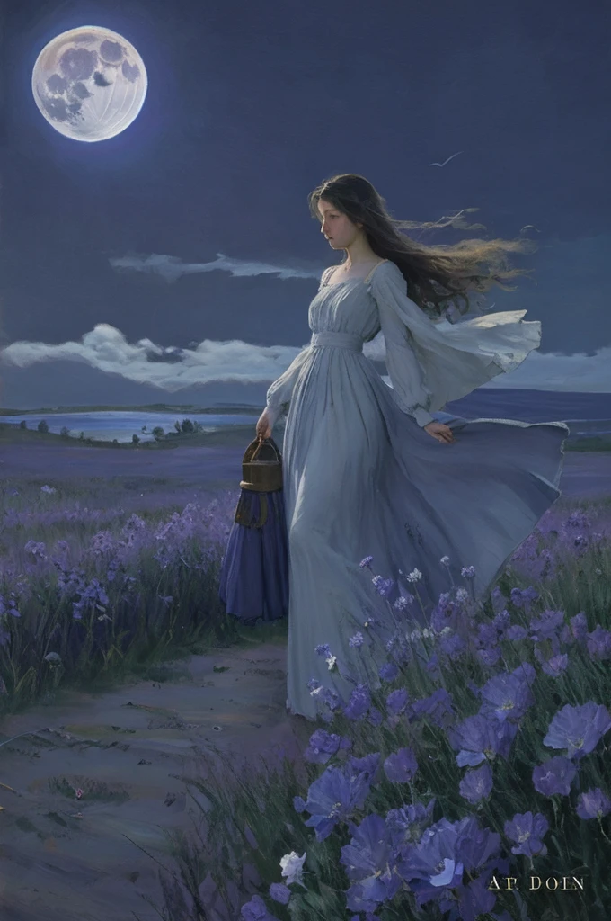 Create a captivating book cover illustration set in a medieval European village at night. The scene shows a long, winding path leading towards a distant, ominous castle under a stormy, cloud-covered sky. The sky is dark with hints of deep blue and purple, with a subtle light from the moon peeking through the clouds, casting a faint glow. A young woman, Christina, stands at the forefront, facing away from the viewer. She is wearing a simple yet elegant long dress that gently moves with the breeze. Her long, flowing golden hair glows slightly in the moonlight. She holds a small, lit lantern in her hand, emitting a warm, soft light, creating a striking contrast with the overall dark atmosphere. Along the path, there are several blue thistle flowers with vibrant blue and violet petals, adding color to the otherwise moody setting. A few birds are flying in formation in the distant sky, adding a sense of movement and mystery. The title of the book is displayed at the top in elegant Gothic-style golden text, while the author’s name is placed at the bottom in a smaller, matching font.