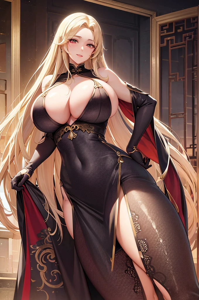 (Art: 1.2), (best quality: 1.2) 1 woman, mature, tall (1.85), She appeared to be around 28 years old, had long golden hair, straight and shiny hair, blood red eyes, extremely detailed, perfect eyes , extremely realistic eyes, well-aligned eyes, long eyelashes, anime style, perfect face, milf face, full lips, smiling, mature, clear skin, natural body, sexy body, MILF body, hands on waist, perfect hands, detailed hands, hands well proportioned to the body, realistic hands, arms with good anatomy, she wore an immortal Chinese oriental style red with golden yumaka, the yumaka still couldn't hide her extremely large and huge breasts that were hanging down due to her size, thick thighs, wide hips, Looking at the viewer, background scenery, scenery at a Chinese viewpoint on the edge of a lake, in the background posing the setting sun, alone Looking at the viewer, breasts only visible from aside and from the bottem,  extremely huge breasts, breast are flopping out of the dress because they are to big