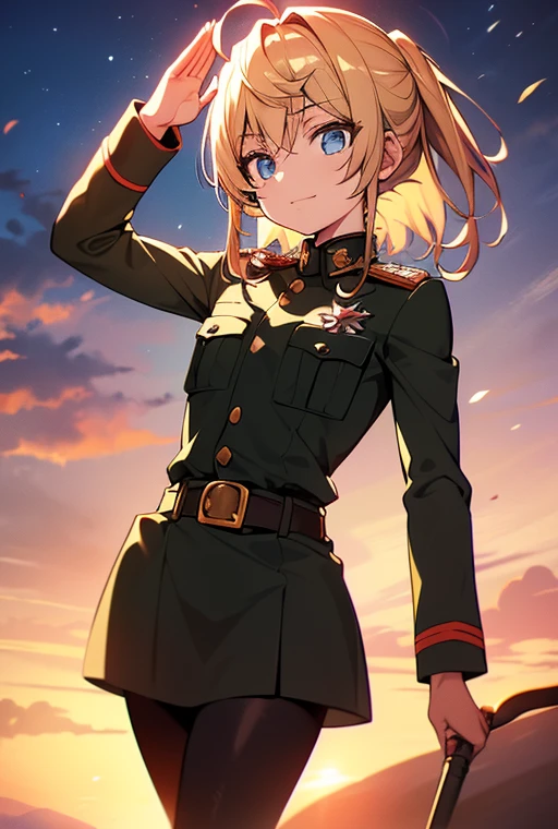 Content:
An anime woman in a military uniform. She has dark brown eyes, tanned skin, blonde hair that ends halfway down her back, and military boots. Her military uniform has themes of brown to reflect the desert background, and she carries binoculars. Her appearance is loosely inspired by Erwin Rommel. She wears a confident smile, looking very mature, with her hands on her hips.
Medium:
Digital art, anime illustration.
Style:
Pixiv contest winner, fine art, with elements inspired by historical military aesthetics and anime character design.
Lighting:
Dramatic, with strong contrasts to highlight her authoritative presence and the details of her uniform. Subtle shadows to add depth and realism.
Colours:
A palette dominated by military greens, browns, and blacks to reflect the desert environment.
Composition:
A full body shot. She salutes to the camera, showcasing her confidence and authority.