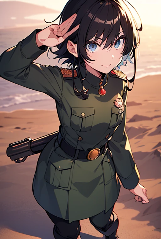 Content:
An anime woman in a military uniform. She has dark brown eyes, tanned skin, blonde hair that ends halfway down her back, and military boots. Her military uniform has themes of brown to reflect the desert background, and she carries binoculars. Her appearance is loosely inspired by Erwin Rommel. She wears a confident smile, looking very mature, with her hands on her hips.

Medium:
Digital art, anime illustration.

Style:
Pixiv contest winner, fine art, with elements inspired by historical military aesthetics and anime character design.

Lighting:
Dramatic, with strong contrasts to highlight her authoritative presence and the details of her uniform. Subtle shadows to add depth and realism.

Colours:
A palette dominated by military greens, browns, and blacks to reflect the desert environment.

Composition:
A full body shot. She salutes to the camera, showcasing her confidence and authority.