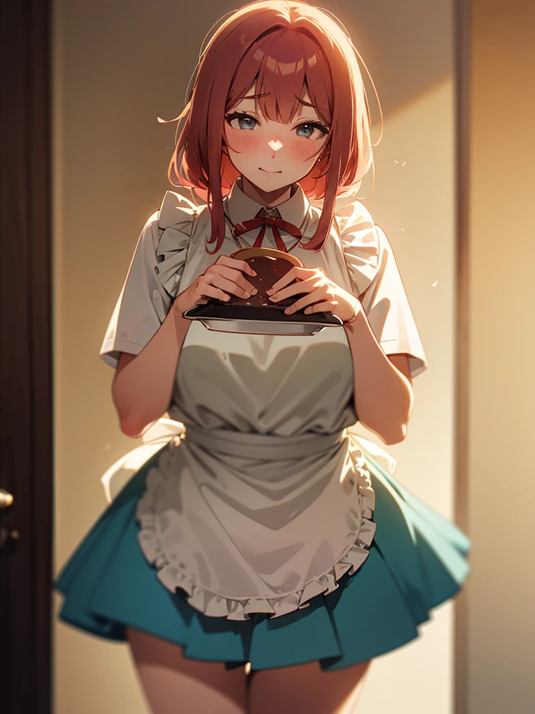 (Sumilux f1.4 50mm , low Latitude old color negative film , cross process , bokeh, flare, chromatic aberration , soft focus, (Shallow focus) , soft glow , Maximum aperture, low Key , Transparent depiction) , kawaii hentai anime style , coquettish , Clumsy Cafe clerk BBW , open blouse, apron, skirt , heart is beating fast with anticipation , Drop and break dishes , showing off the pee , perineum