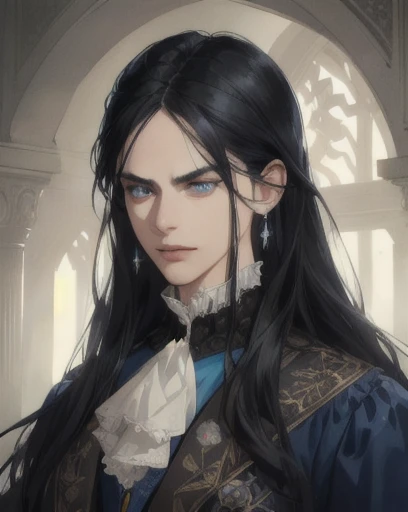 man, long straight black hair, blue eyes, side-swept bangs, mature, angry, sharp jaw, god eyes, diamond earrings, cravat, blue suit, detailed realistic portrait, photorealistic, hyperrealistic, 8k, detailed clothing, beautiful detailed eyes, beautiful detailed lips, extremely detailed face, cinematic lighting, dramatic shadows, warm color tones, natural lighting, highly detailed, intricate ornate details, masterpiece, artstation, sharp focus, hyper detailed, victorian era