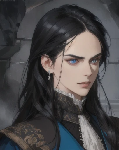 man, long straight black hair, blue eyes, side-swept bangs, mature, angry, sharp jaw, god eyes, diamond earrings, cravat, blue suit, detailed realistic portrait, photorealistic, hyperrealistic, 8k, detailed clothing, beautiful detailed eyes, beautiful detailed lips, extremely detailed face, cinematic lighting, dramatic shadows, warm color tones, natural lighting, highly detailed, intricate ornate details, masterpiece, artstation, sharp focus, hyper detailed, victorian era