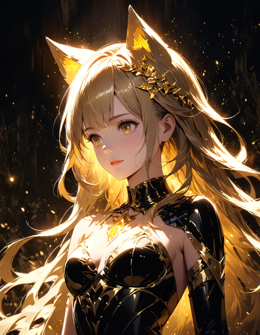 Detailed textures, high quality, high resolution, high accuracy, realism, color correction, correct lighting settings, harmonious composition. A girl stands in the dark, surrounded by light particles and shimmering gold sparks that form an ethereal glowing wolf silhouette above her head. The atmosphere is mysterious with soft lighting creating a magical ambiance. Digital illustration. --ar 3:4 --niji 6