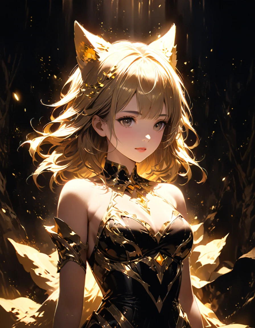 Detailed textures, high quality, high resolution, high accuracy, realism, color correction, correct lighting settings, harmonious composition. A girl stands in the dark, surrounded by light particles and shimmering gold sparks that form an ethereal glowing wolf silhouette above her head. The atmosphere is mysterious with soft lighting creating a magical ambiance. Digital illustration. --ar 3:4 --niji 6