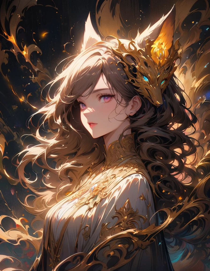 Detailed textures, high quality, high resolution, high accuracy, realism, color correction, correct lighting settings, harmonious composition. A girl stands in the dark, surrounded by light particles and shimmering gold sparks that form an ethereal glowing wolf silhouette above her head. The atmosphere is mysterious with soft lighting creating a magical ambiance. Digital illustration. --ar 3:4 --niji 6