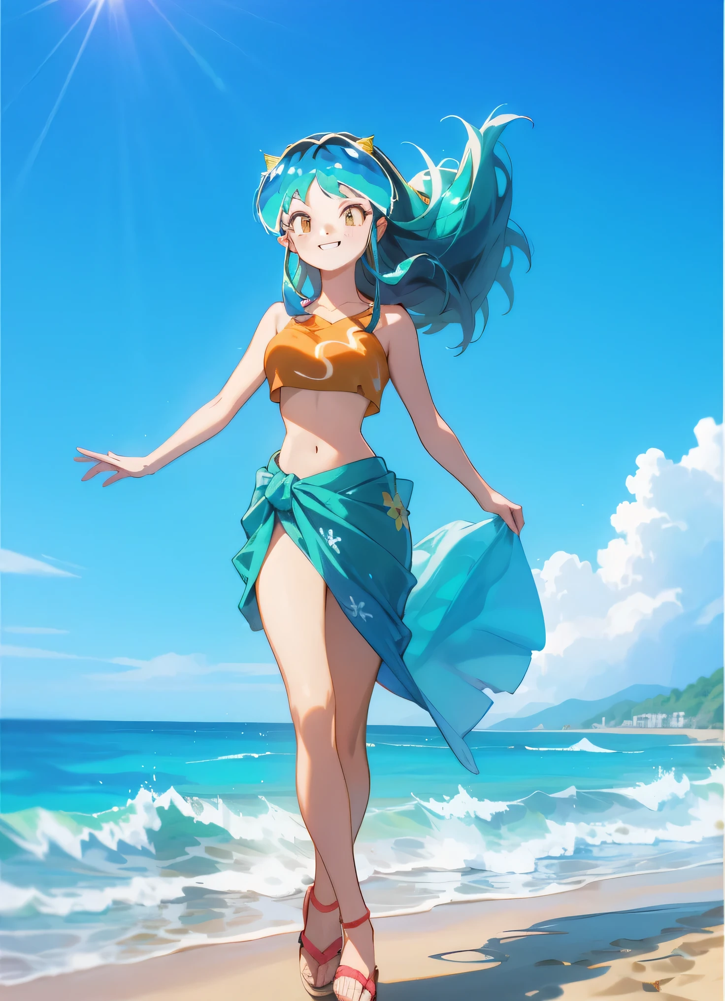 1girl, lum, horns, crop top, sarong, white sandals, smiling, sunny, blue sky, at the beach, ocean, waves, light wind, hair wind blown, absurdres, best_quality, masterpiece, 16k, uhd