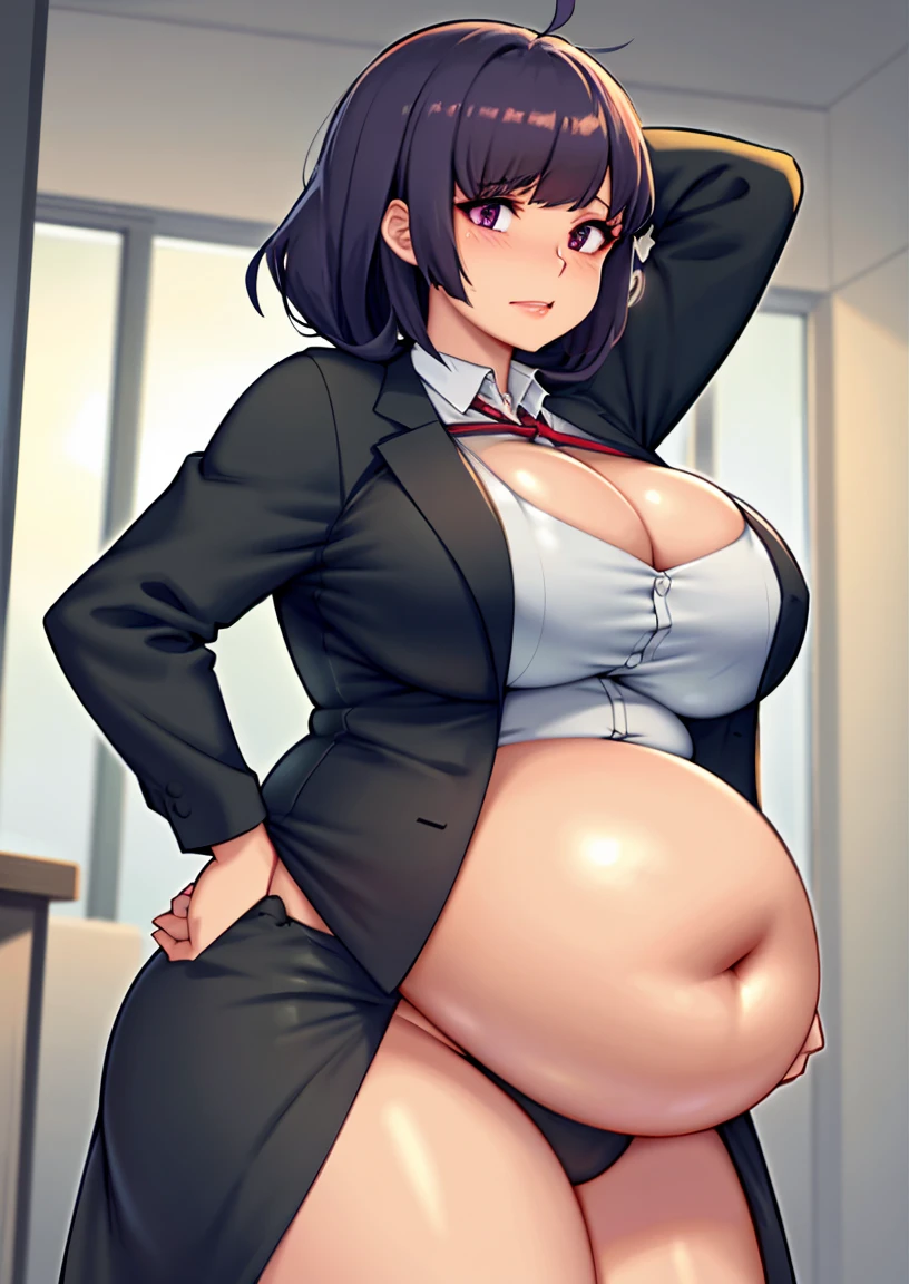 art by kipteitei, 1girl, work clothes, bursting out of clothes, large breasts, large belly, chubby (best quality, masterpiece)