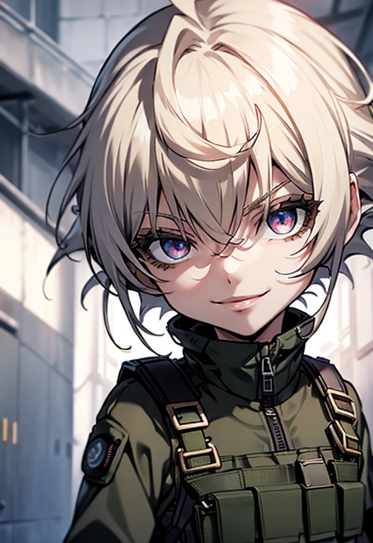 (( best quality, masterpiece, )) white hair, crimson eyes, pale skin, short hair, tomboy, smile, albino, military uniform, kevlar vest, small