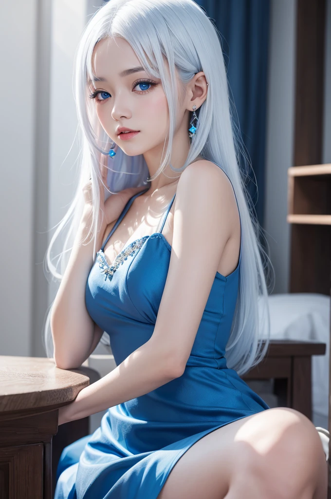 Girl in a blue dress with white hair that shines