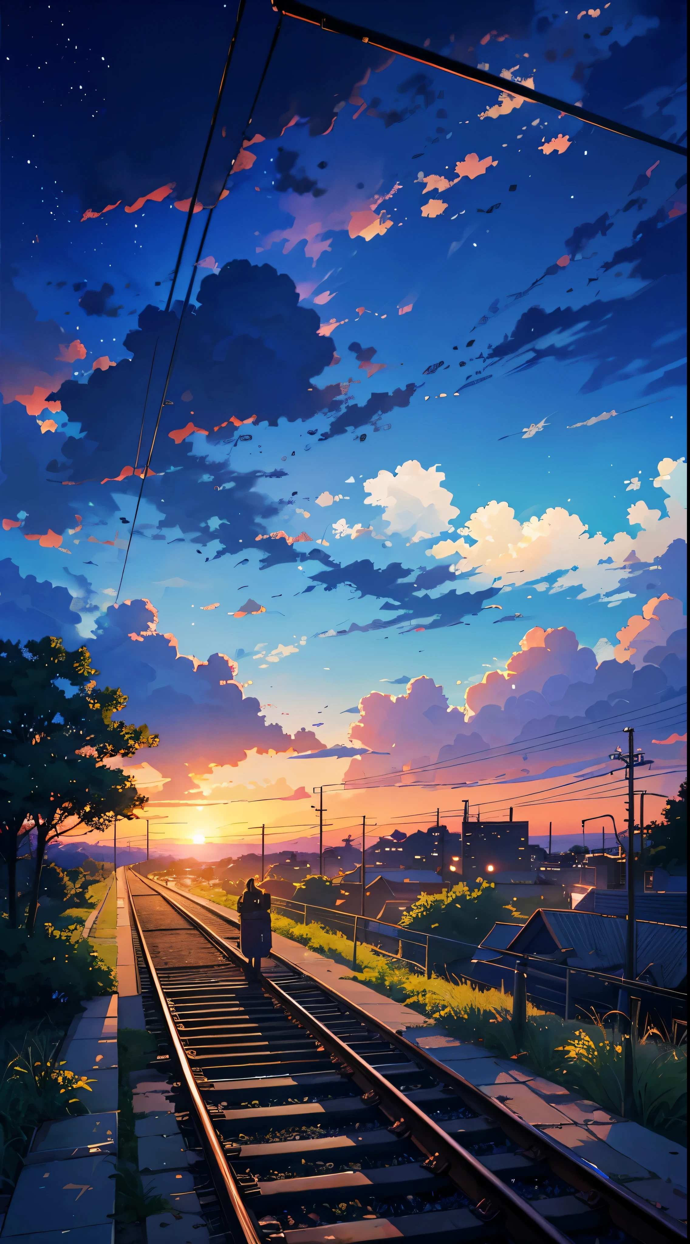 a train track with a sunset in the background, anime. by makoto shinkai, cosmic skies. by makoto shinkai, makoto shinkai art style, makoto shinkai and (cain kuga), by makoto shinkai, by Makoto Shinkai, anime scenery, style of makoto shinkai, anime landscape, anime landscape wallpaper