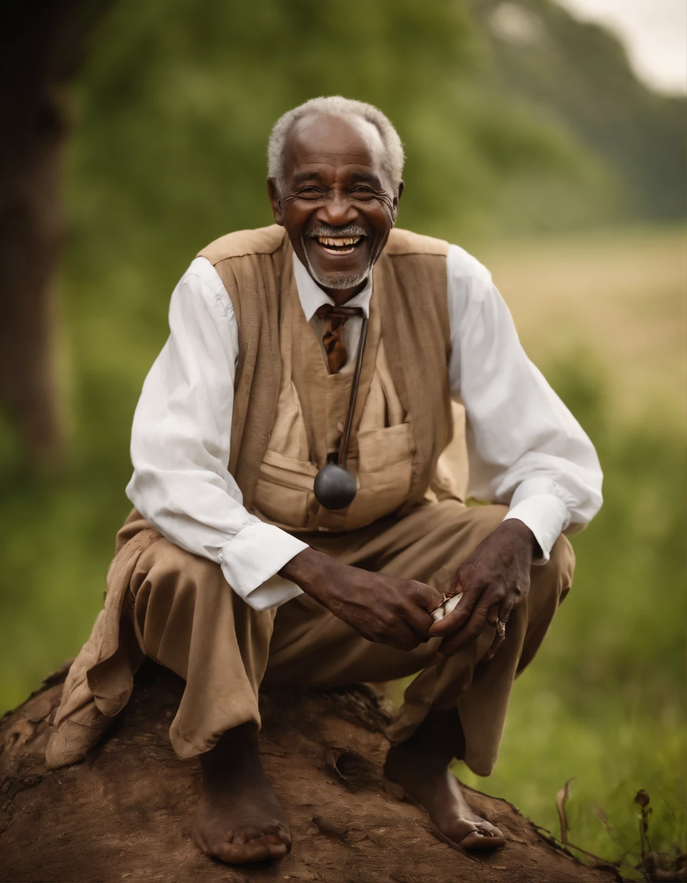 Rire très vieil homme africain avec une expression très enthousiaste, à la manière de Frances Brundage, assis sur une souche d'arbre, au bord d'une route de campagne, fumer une vieille pipe, vêtements africains traditionnels blancs