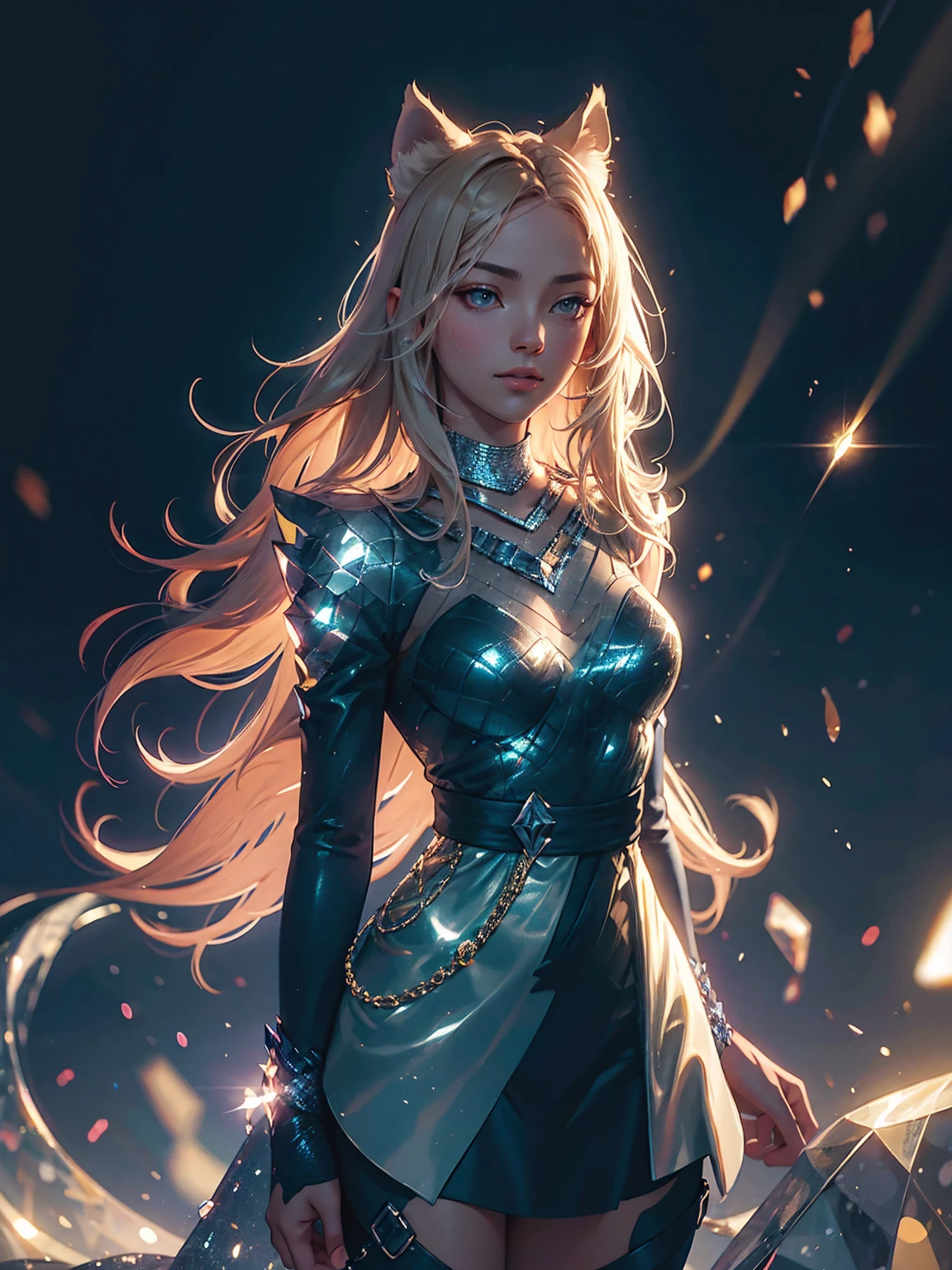 Detailed textures, high quality, high resolution, high accuracy, realism, color correction, correct lighting settings, harmonious composition. A girl stands in the dark, surrounded by light particles and shimmering gold sparks that form an ethereal glowing wolf silhouette above her head. The atmosphere is mysterious with soft lighting creating a magical ambiance. Digital illustration. --ar 3:4 --niji 6