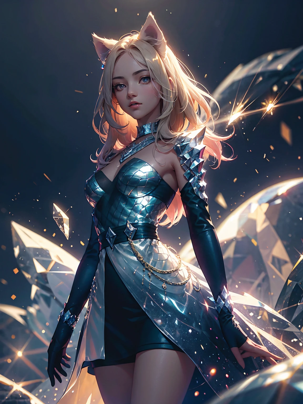 Detailed textures, high quality, high resolution, high accuracy, realism, color correction, correct lighting settings, harmonious composition. A girl stands in the dark, surrounded by light particles and shimmering gold sparks that form an ethereal glowing wolf silhouette above her head. The atmosphere is mysterious with soft lighting creating a magical ambiance. Digital illustration. --ar 3:4 --niji 6