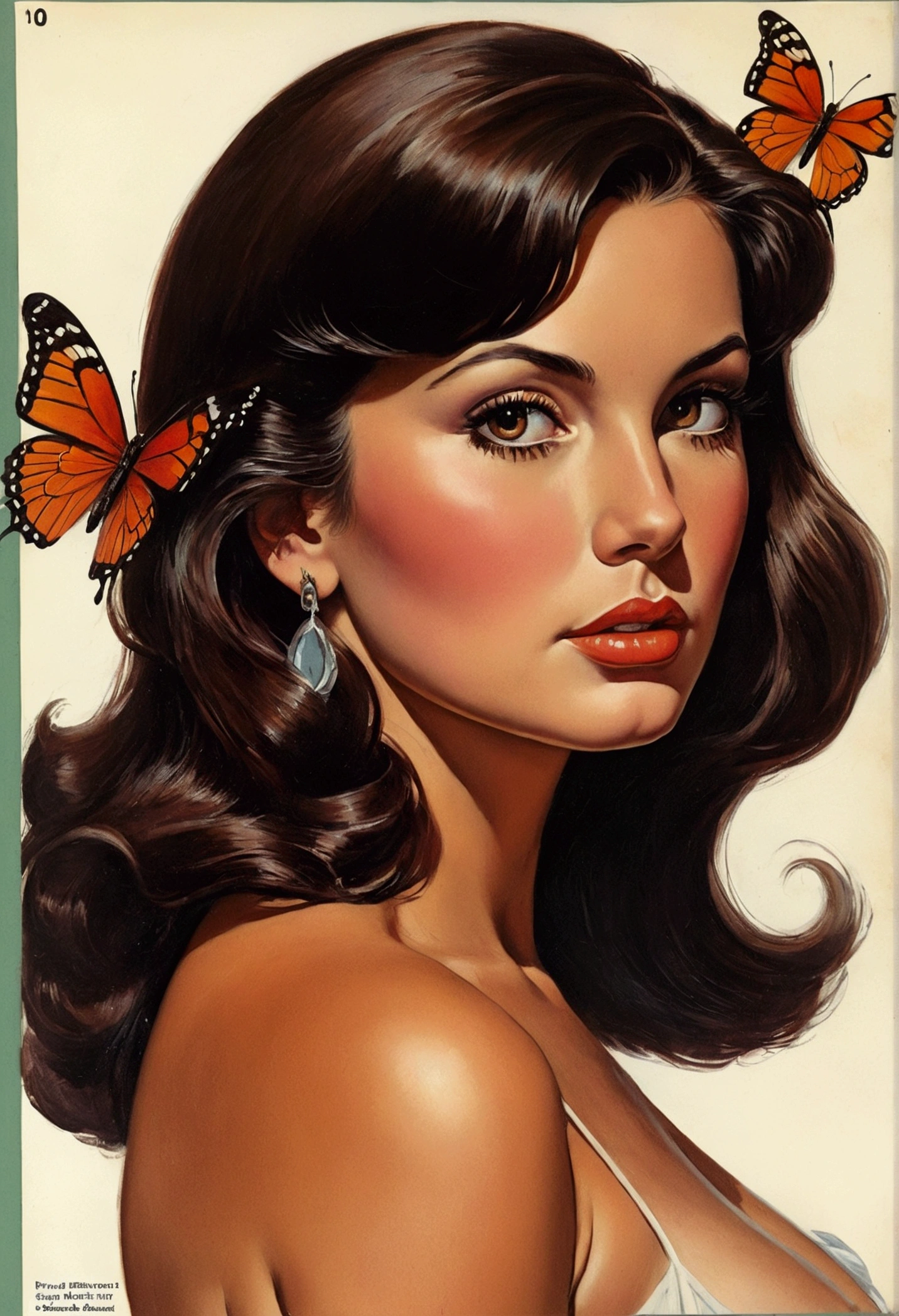 brunette woman, medium brown hair, chunky, sexly, dark brown hair, big boobies, some butterfly tattoos, oil portrait, 1950, vintage, vhs, vintage painting, pulp scifi book cover art, retro pulp art, 1970s movie poster, movie poster painting, Arte Pulp Vintage |, beautiful painting with highly detailed face by Greg Rutkowski and Magali Villanueve, pure and innocent expression, natural reflection textures, cinematic lighting
