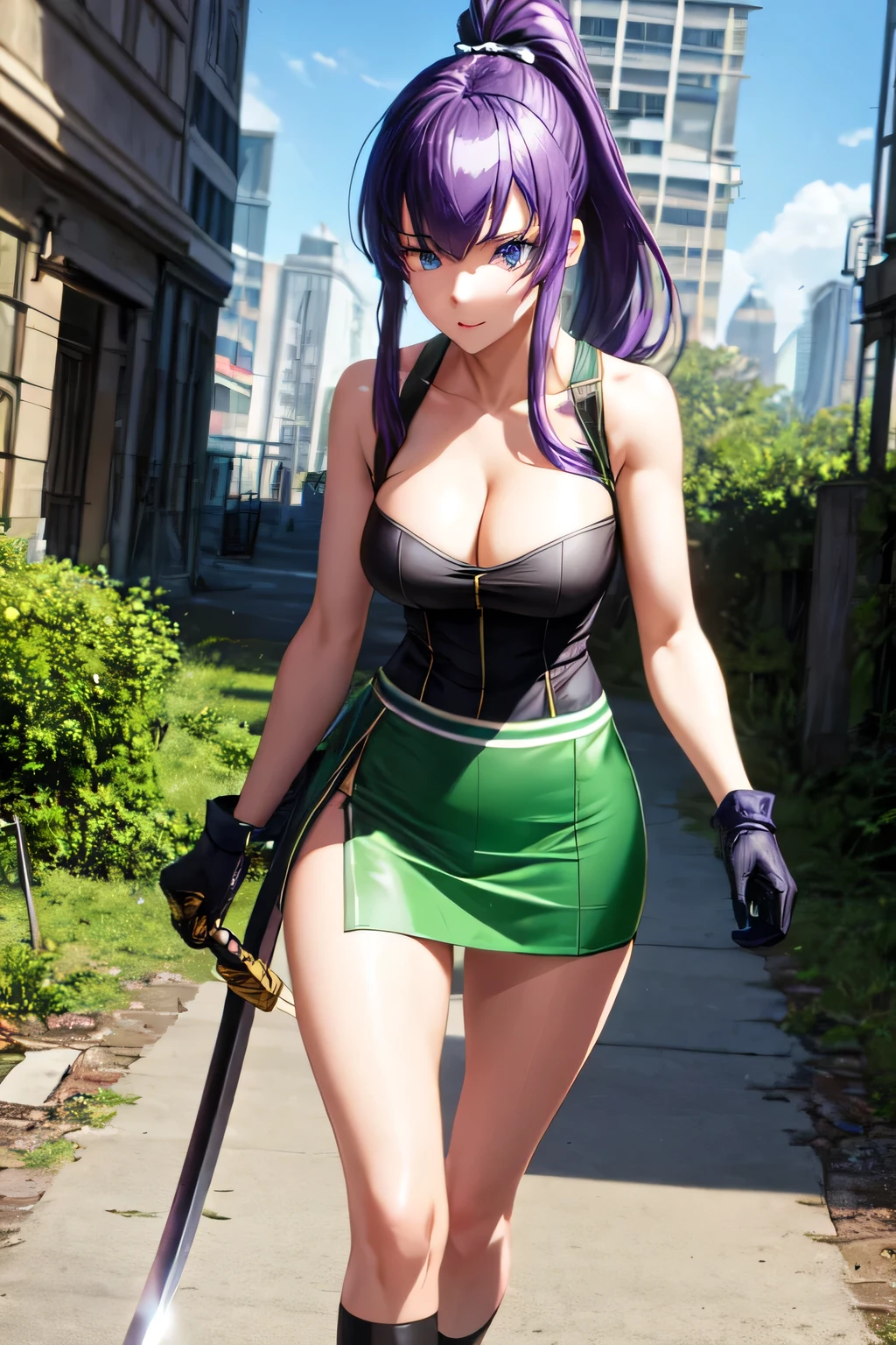 A girl with purple ponytail hair, sharp blue eyes, wearing a with a very mini green skirt, athletic body, cleavage, short black gloves. katana at his waist. Abandoned city.