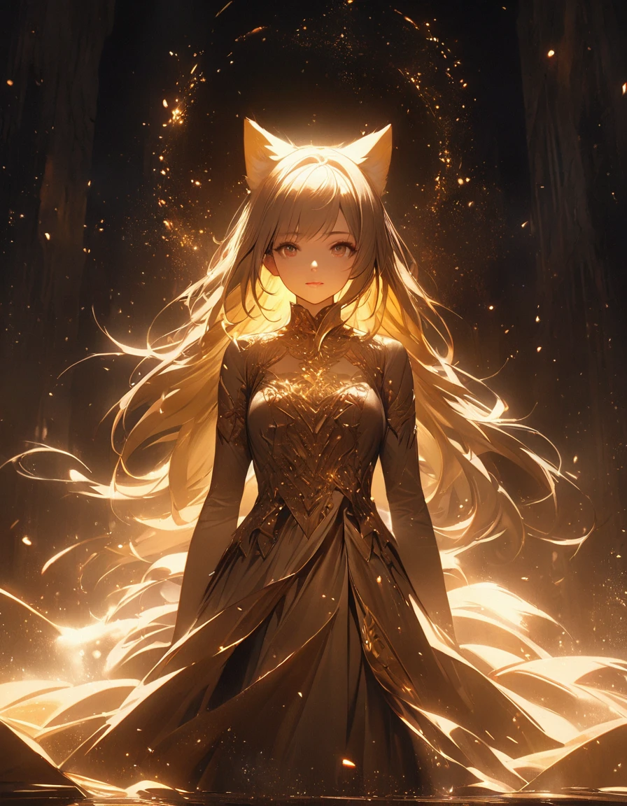 Detailed textures, high quality, high resolution, high accuracy, realism, color correction, correct lighting settings, harmonious composition. A girl stands in the dark, surrounded by light particles and shimmering gold sparks that form an ethereal glowing wolf silhouette above her head. The atmosphere is mysterious with soft lighting creating a magical ambiance. Digital illustration. --ar 3:4 --niji 6