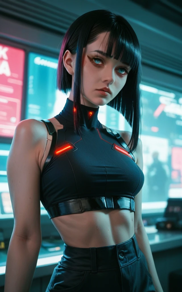 Lucy \(cyberpunk\), masterpiece, High detail, 8k, 1girl, hime cut, black hair, parted bangs, crop top, cyberpunk \(series\)