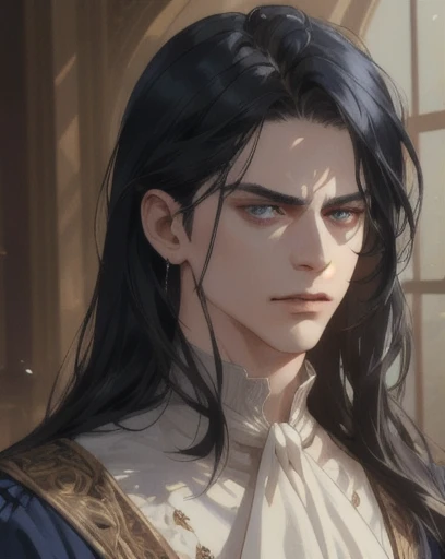 man, late 20's, long black hair, straight hair, piercing blue eyes, side-swept bangs, mature, pissed off, chiseled jaw, broad shoulders, god eyes, white cravat, full navy blue suit, detailed realistic portrait, photorealistic, hyperrealistic, 8k, detailed clothing, beautiful detailed eyes, beautiful detailed lips, extremely detailed face, cinematic lighting, dramatic shadows, warm color tones, natural lighting, highly detailed, intricate ornate details, masterpiece, artstation, sharp focus, hyper detailed, victorian era
