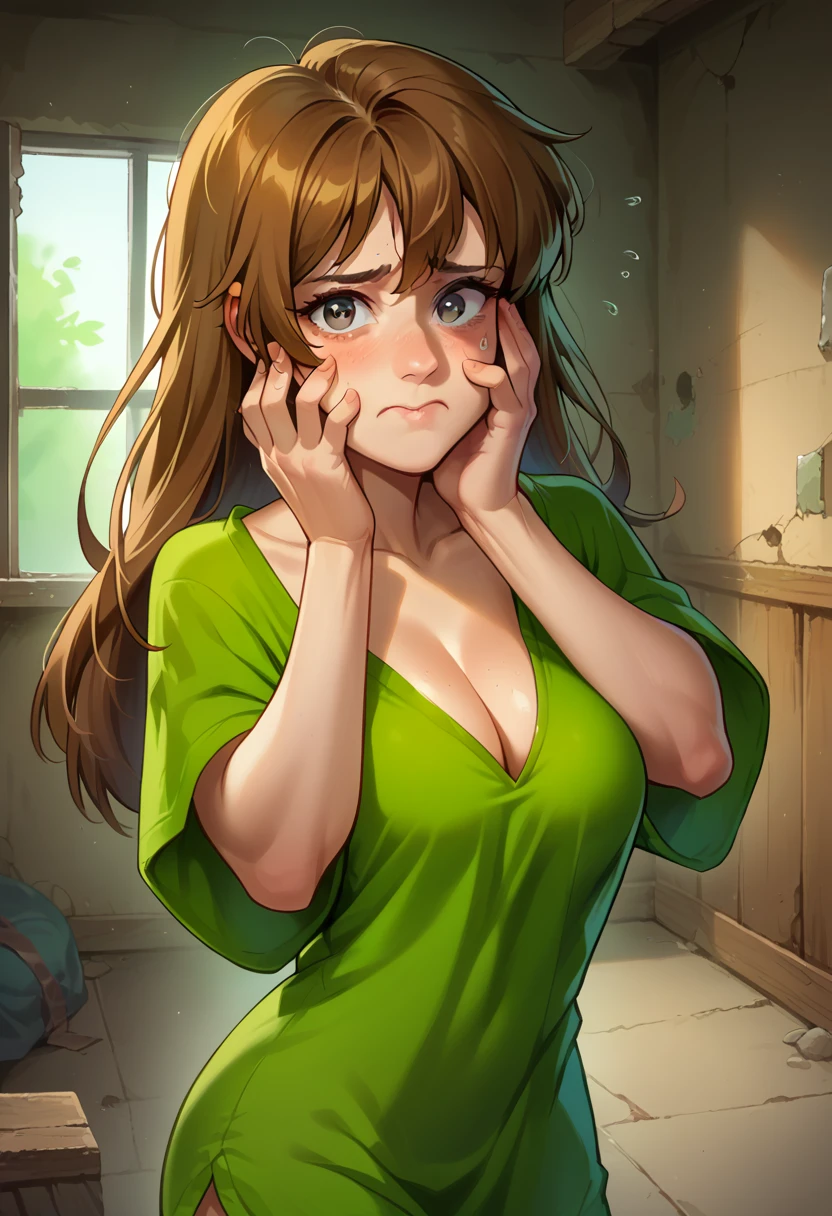 score_9, score_8_up, score_7_up, 1girl, solo, Shaggy Rogers, (female:1.5), female focus, female body,brown hair, long hair, green shirt, no pants, standing, cleavage, hands on face, nervous, oversized shirt, looking at you, inside a room, abandoned room, dark room, night