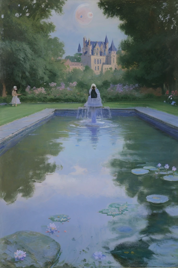 Design a book back cover that complements the medieval, mysterious theme of the front. The scene is set in a portion of a castle garden illuminated by soft moonlight, with a serene fountain of clear water reflecting the starry night sky. Surrounding the fountain, there are blooming blue thistle flowers, their vivid blue and violet petals standing out against the dark green foliage. A stone bench is placed beside the fountain, appearing inviting yet empty, hinting at a story of solitude. The soft shadows of the garden are gentle, creating a peaceful yet slightly eerie atmosphere. A faint, shadowy reflection of Christina, the main character, is visible in the water of the fountain, suggesting her deep reflection and the inner journey she undertakes. The book’s synopsis is centered on the back, framed by a subtle medieval ornamental border at the top and bottom, written in a legible yet elegant font that matches the front cover’s style.