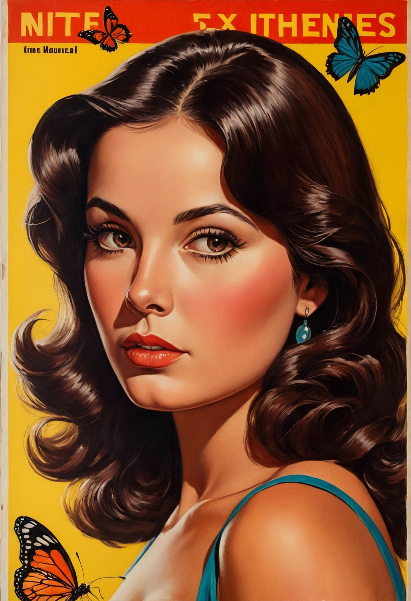 brunette woman, medium brown hair, chunky, sexly, dark  brown hair, big boobies, some butterfly tattoos, oil portrait, 1950, vintage, vhs, vintage painting, pulp scifi book cover art,  retro pulp art, 1970s movie poster, movie poster painting, Arte Pulp Vintage |, beautiful painting with highly detailed face by Greg Rutkowski and Magali Villanueve, pure and innocent expression, natural reflection textures, cinematic lighting