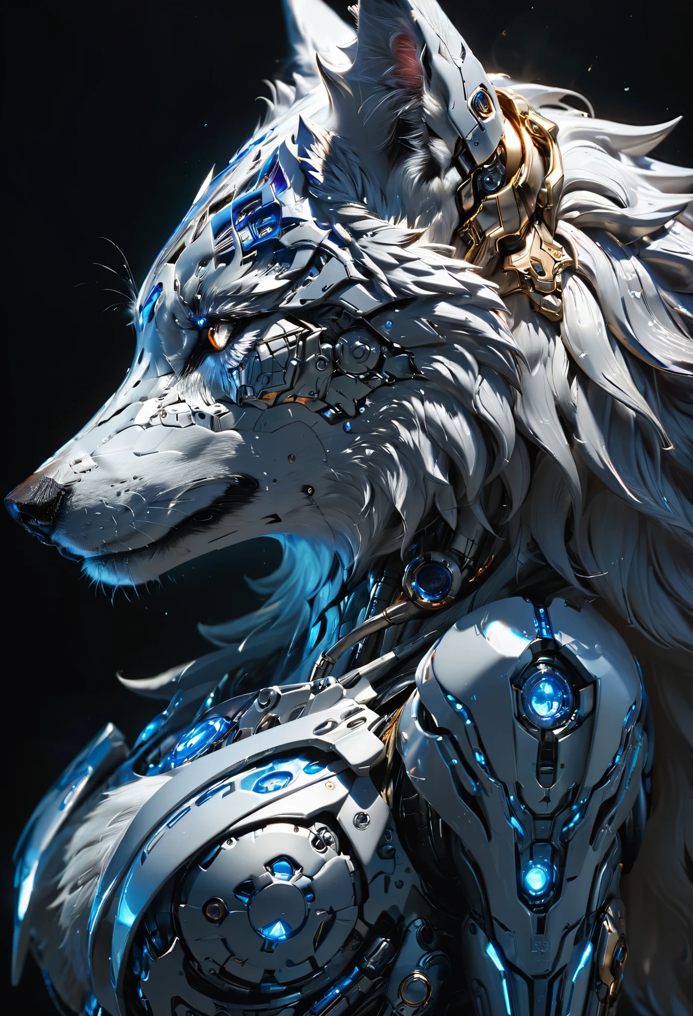 a portrait of a mechanical creature (( mechanical female, anthro wolf: 1.5), ((full body: 1.5)), ((anatomically correct: 1.5)), (ultra detailed face: 1.2), looking feral, looking dangerouse, yellow eyes. dynamic fur color, glowing eyes, wearing mech armor, delicate armor, wearing high heeled boots, cyberpunk street background, vibrant, Ultra-high resolution, High Contrast, (masterpiece:1.5), highest quality, Best aesthetics), best details, best quality, highres, 16k, (ultra detailed: 1.5), masterpiece, best quality, (extremely detailed) RAW, (ultra details, Masterpiece, best quality),MechanicusStyleAI, Hyperrealism style, anime
