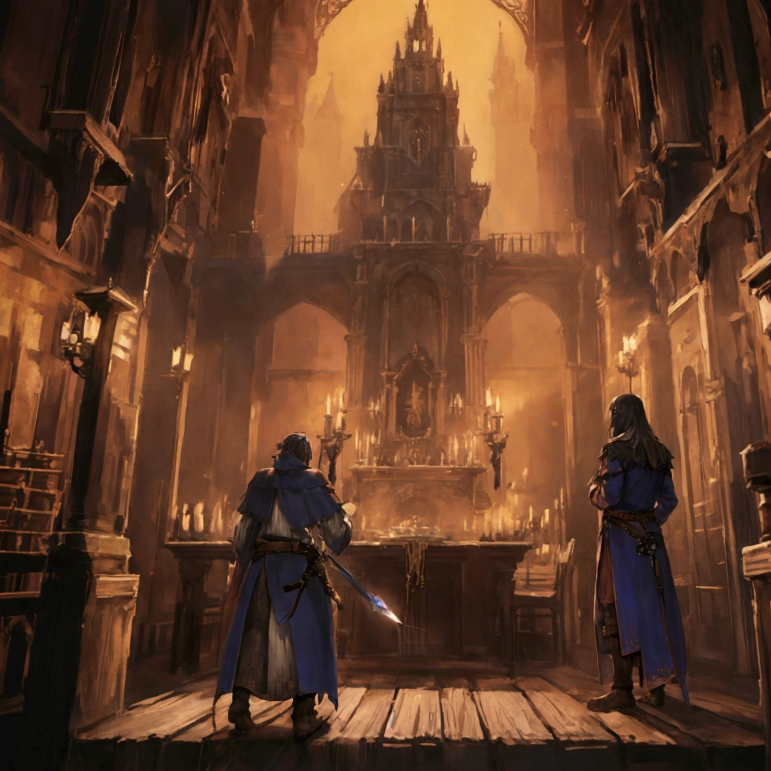Medieval Europe，at night，An assassin in night clothes，Behind a noble man，Nobleman with dagger。Mid-ground composition，Game illustration style，Magic style，Suitable for card illustrations。