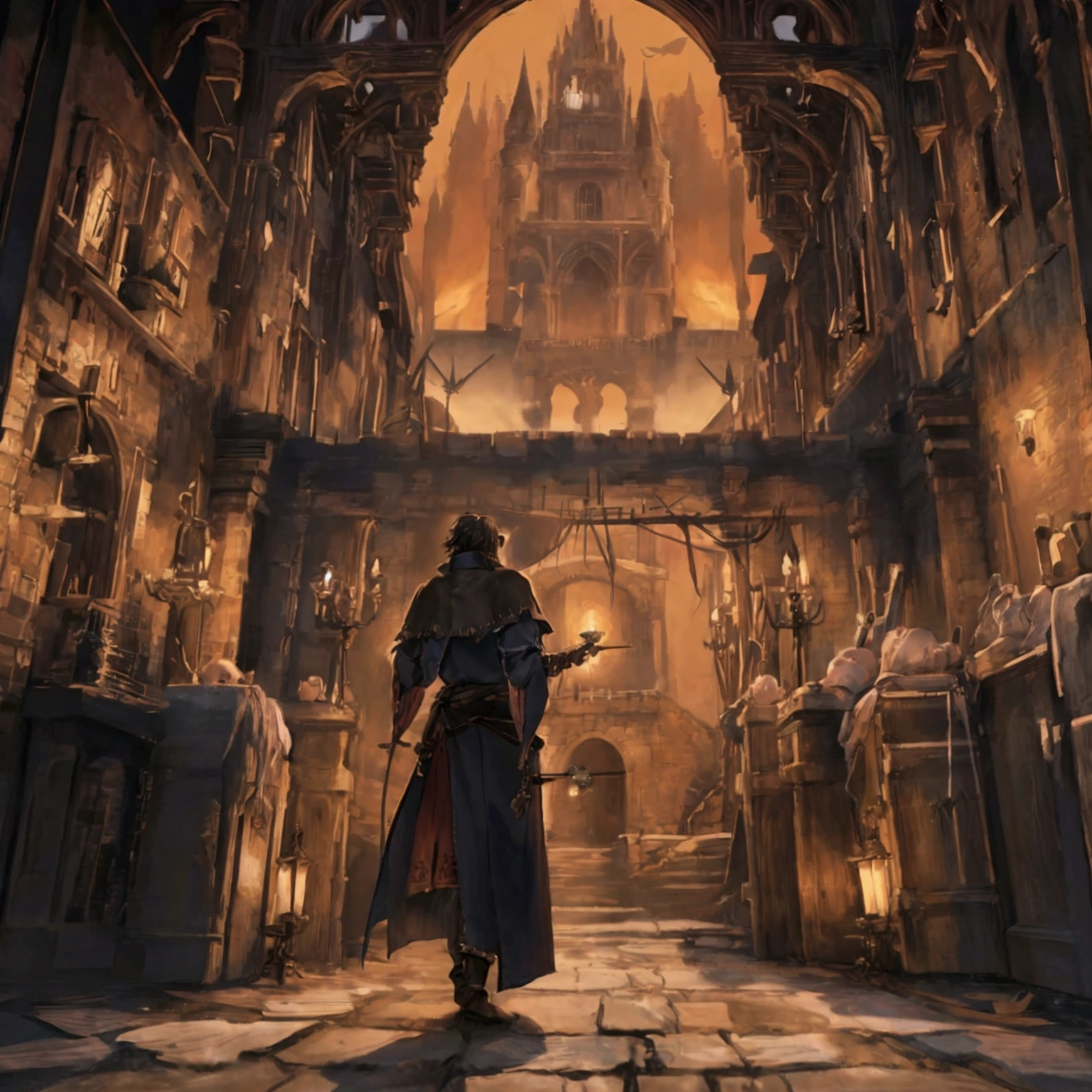 Medieval Europe,at night,An assassin in night clothes,Behind a noble man,Nobleman with dagger。Mid-ground composition,Game illustration style,Magic style,Suitable for card illustrations。