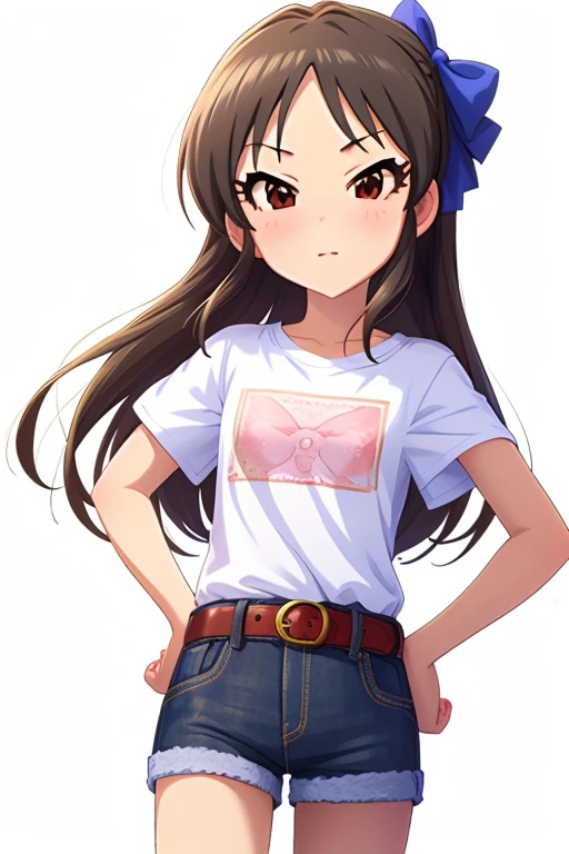 2D, anime, anime coloring, (solid white background:1.3) Tachibana Arisu, long hair, brown eyes, brown hair, bow, hair bow, blush, ribbon, looking at viewer, stand, hand own hips, white shirt, t-shirt, belt, denim shorts, shorts rolled,
