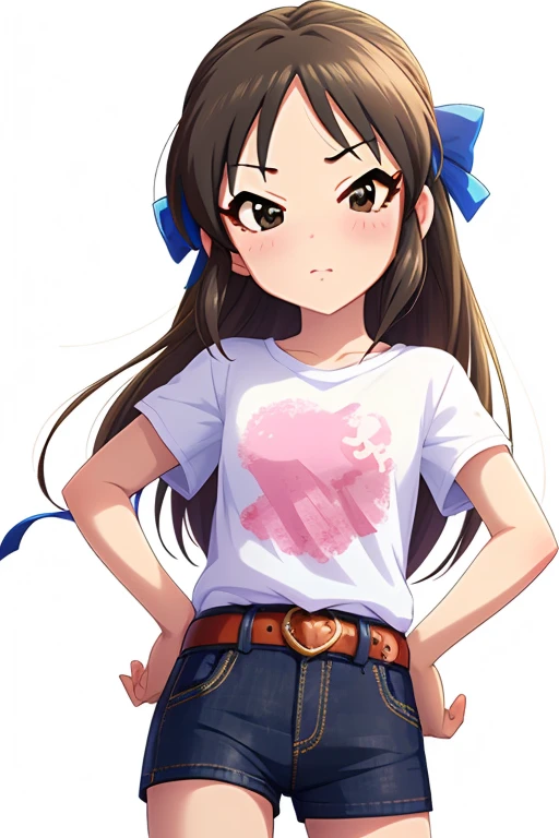 2D, anime, anime coloring, (solid white background:1.3) Tachibana Arisu, long hair, brown eyes, brown hair, bow, hair bow, blush, ribbon, looking at viewer, stand, hand own hips, white shirt, t-shirt, belt, denim shorts, shorts rolled,
