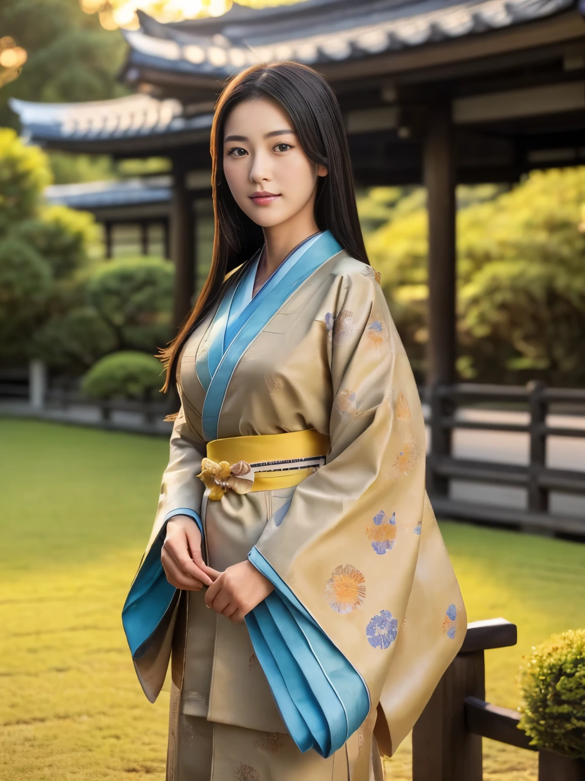 Front view , ((Full-body, standing on garden), a Japanese ancient girl, looking at viewer, beautiful Japanese Young General, girl is 20 years old, (Highly detailed face, Black hair ,Brown eye, Variegated eyes, Fuller lips, little Lips, little smile), (middle breasts, middle hip), (Japanese kimono, flower pattern), standing in Japanese Palace, near Garden, sunset ,(masterpiece, Highest quality, masterpiece, God-like quality, Godly art, , Very realistic)