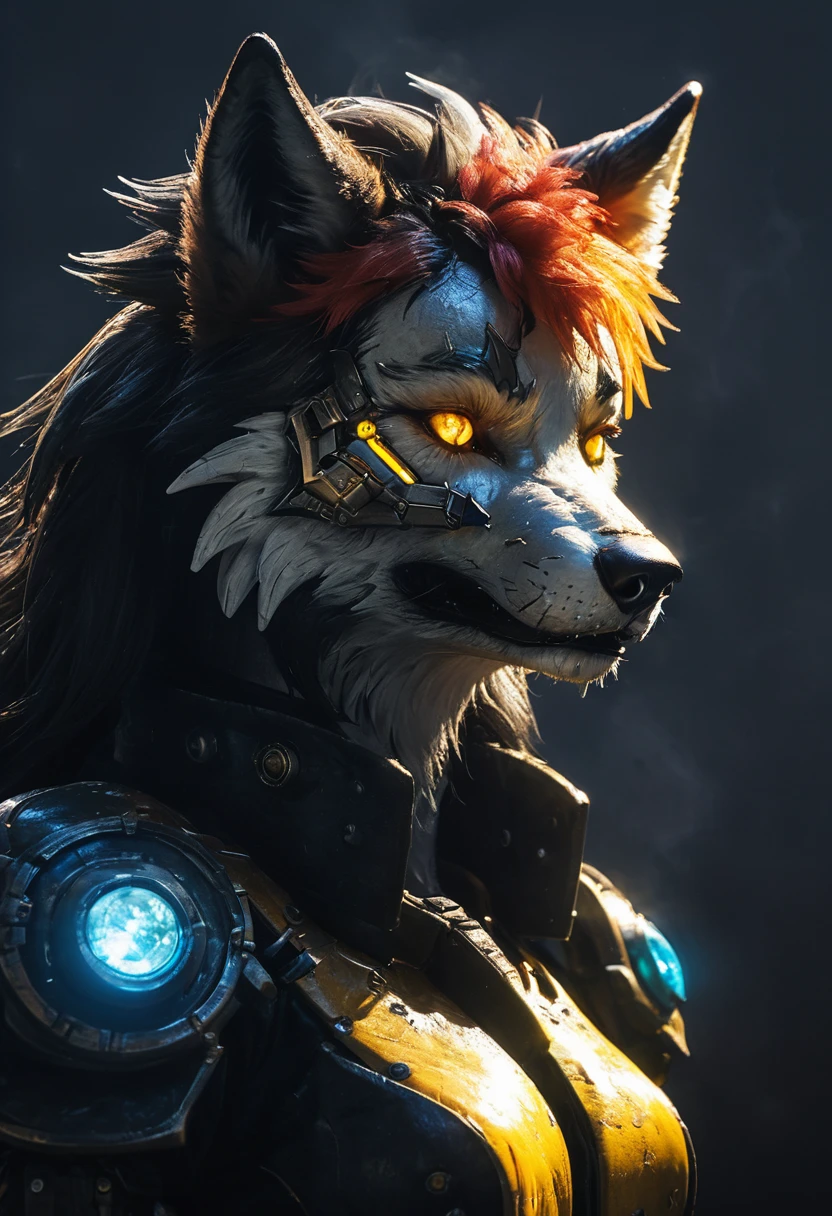 a portrait of a mechanical creature (( mechanical female, anthro wolf: 1.5), ((full body: 1.5)), ((anatomically correct: 1.5)), (ultra detailed face: 1.2), looking feral, looking dangerouse,  yellow eyes. dynamic fur color, glowing eyes, wearing mech armor, delicate armor, wearing high heeled boots, cyberpunk street background, vibrant, Ultra-high resolution, High Contrast, (masterpiece:1.5), highest quality, Best aesthetics), best details, best quality, highres, 16k, (ultra detailed: 1.5), masterpiece, best quality, (extremely detailed) RAW, (ultra details, Masterpiece, best quality),MechanicusStyleAI, Hyperrealism style, anime