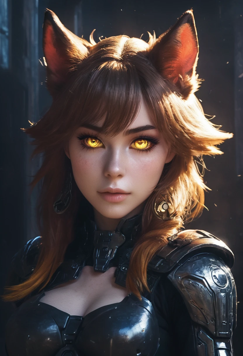 a portrait of a mechanical creature (( mechanical female, anthro wolf: 1.5), ((full body: 1.5)), ((anatomically correct: 1.5)), (ultra detailed face: 1.2), looking feral, looking dangerouse, yellow eyes. dynamic fur color, glowing eyes, wearing mech armor, delicate armor, wearing high heeled boots, cyberpunk street background, vibrant, Ultra-high resolution, High Contrast, (masterpiece:1.5), highest quality, Best aesthetics), best details, best quality, highres, 16k, (ultra detailed: 1.5), masterpiece, best quality, (extremely detailed) RAW, (ultra details, Masterpiece, best quality),MechanicusStyleAI, Hyperrealism style, anime