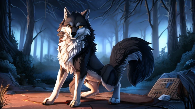 (by Hyoshiru), from down-kevlar, (wolf:1.4), ((wild)), (quadruped), 8 K, 4K, 2 thousand., detailed, difficult, (female), ((One)), (masterpiece), Best quality, (detailed eyes:1.4), nsfv, (Pigs), (photorealistic), Hogwarts, Harry Potter, (((Ravenclaw))), uploaded to e621, Castle, light fur on belly, (gray fur)), Golden eyes, (Fluffy tail), skinny, Long legs, Dog paws, smiling, long ears, long muzzle, crazy house-anime style, Dark forest, night lighting, dog vagina, anatomically correct dog, Correct anatomy, squatting, head up