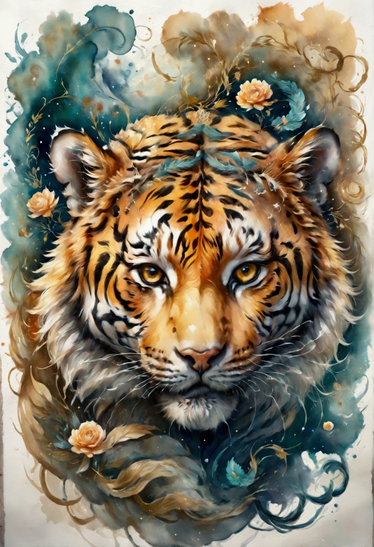 A painting of the zodiac sign Tiger. Trend Aquarell, detailed, non-realistic rendering,  Streetstyle,  Astrology 