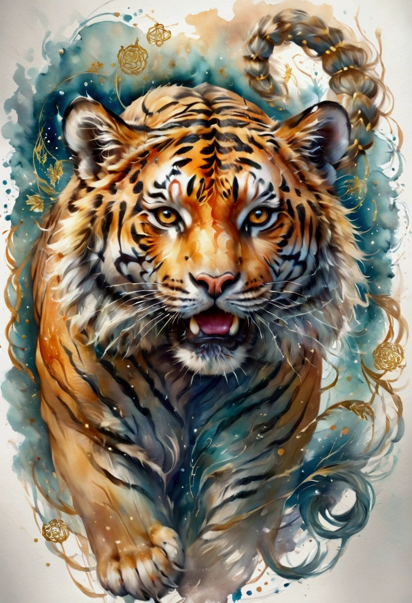 A painting of the zodiac sign Tiger. Trend Aquarell, detailed, non-realistic rendering,  Streetstyle,  Astrology 