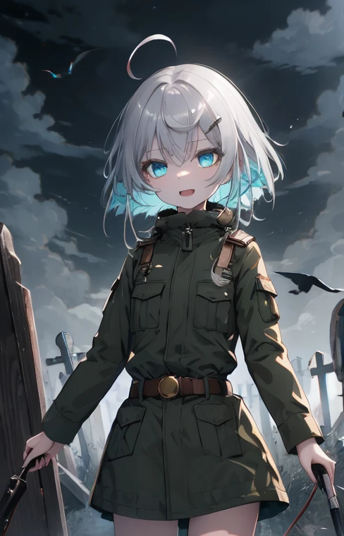 (8K, best quality, master piece: 1.3),super high resolution,1 girl, solo, cowboy shot ,ultra-detailed face, silme, (silver gray hair), thin hair clip, cyan colorshift eyes, expressive eyes, Ecstatic expression, Military style, nylon, cotton, camouflage, khaki, boots, belt, Mysterious graveyard, black, gray, green, dark and eerie