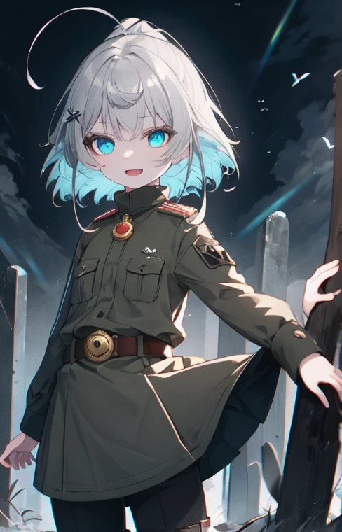 (8K, best quality, master piece: 1.3),super high resolution,1 girl, solo, cowboy shot ,ultra-detailed face, silme, (silver gray hair), thin hair clip, cyan colorshift eyes, expressive eyes, Ecstatic expression, Military style, nylon, cotton, camouflage, khaki, boots, belt, Mysterious graveyard, black, gray, green, dark and eerie