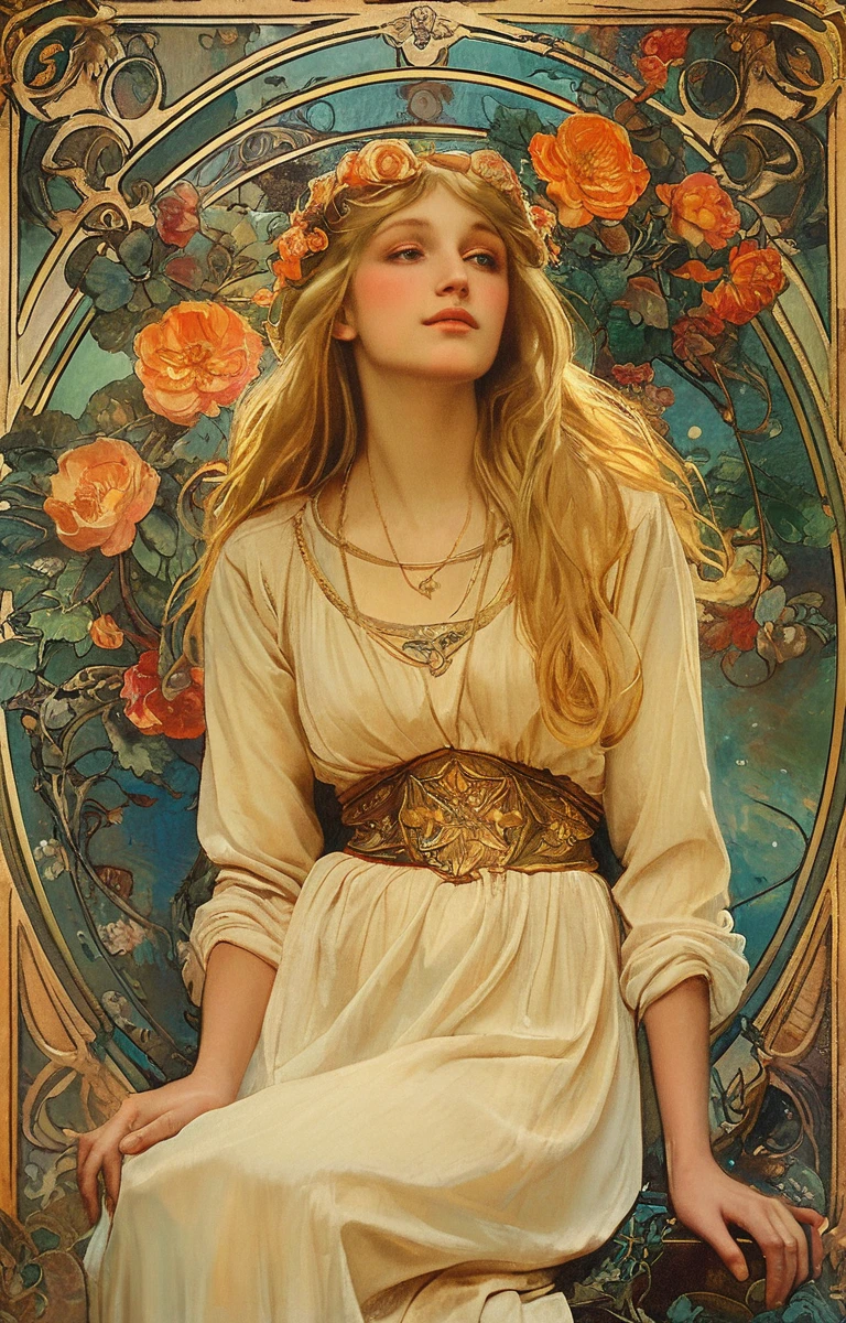 Beautiful european goddess portrait, Waist composition, Long flowing hair, Blonde, Soft oil painting feel, Model momentum, Flower frame, decorative panel, abstraction, directed by: Alphonse Mucha (Main part, extremely high quality, High resolution: 1.4), detailed, intricate details, 4K, splash of color, Line art, Fibonacci, Wear underwear,high dynamic range, bright colors, Ultra-fine coating, professional, Fantasy lights
