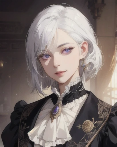 woman, straight white hair, purple eyes, side-swept bangs, mature, mischievous, god eyes, diamond earrings, cravat, monocle, detailed realistic portrait, photorealistic, hyperrealistic, 8k, detailed clothing, beautiful detailed eyes, beautiful detailed lips, extremely detailed face, cinematic lighting, dramatic shadows, warm color tones, natural lighting, highly detailed, intricate ornate details, masterpiece, artstation, sharp focus, hyper detailed, victorian era