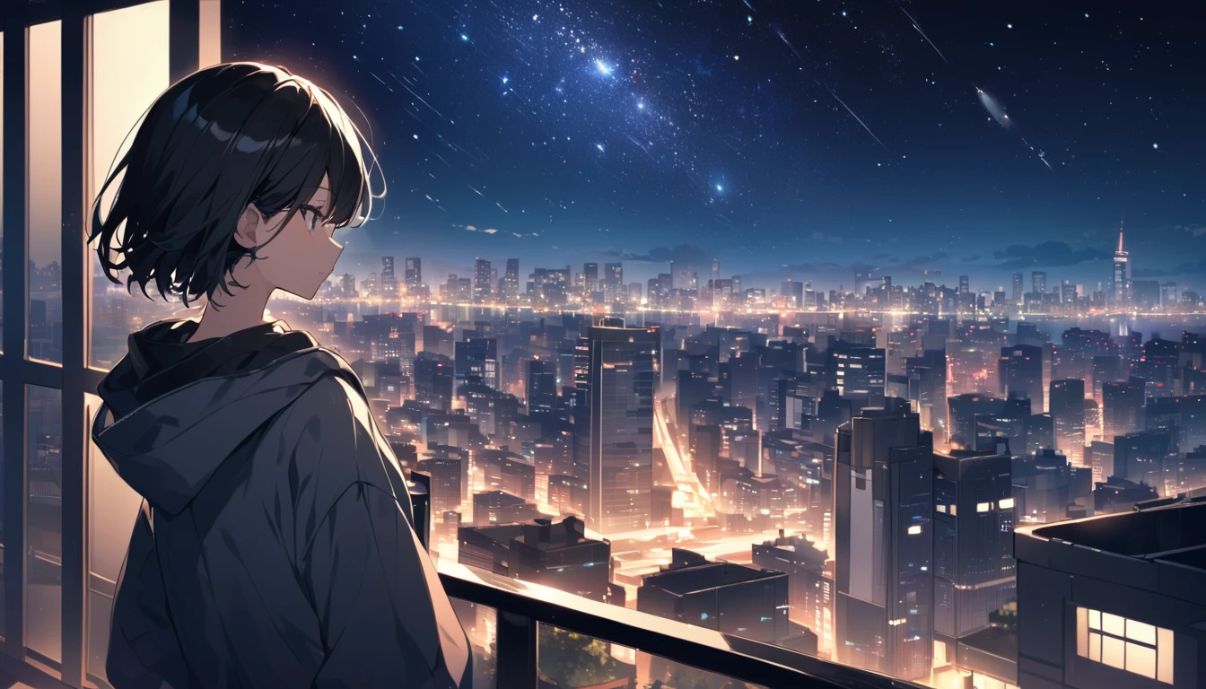 Starry Sky、Night view、City、One woman、Black Hair、Short Hair、Hair blowing in the wind、Wearing a hoodie、back、Full body portrait、Overlooking the city from the balcony